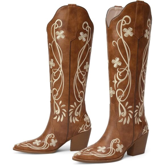 Women's Knee High Heel Floral Embroidered Brown Classic Design Western Boots - Picture 3 of 8
